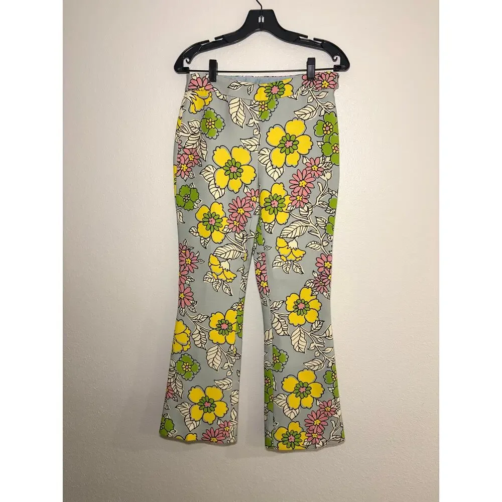 TORY BURCH Printed Twill Crepe Flared Pants | Blue Floral Wallpaper | NWT | 0